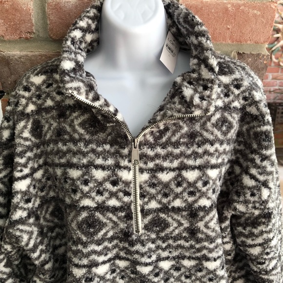 LOFT Black White Fair Isle Sherpa 1/4 Zip Soft Sweatshirt Large NWT - Picture 4 of 7